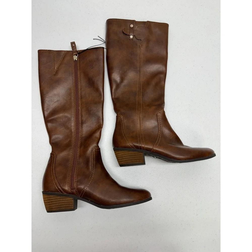 Dr Scholls Brilliance Boots Women 6M Brown Knee High Riding Side Zip Block Heel